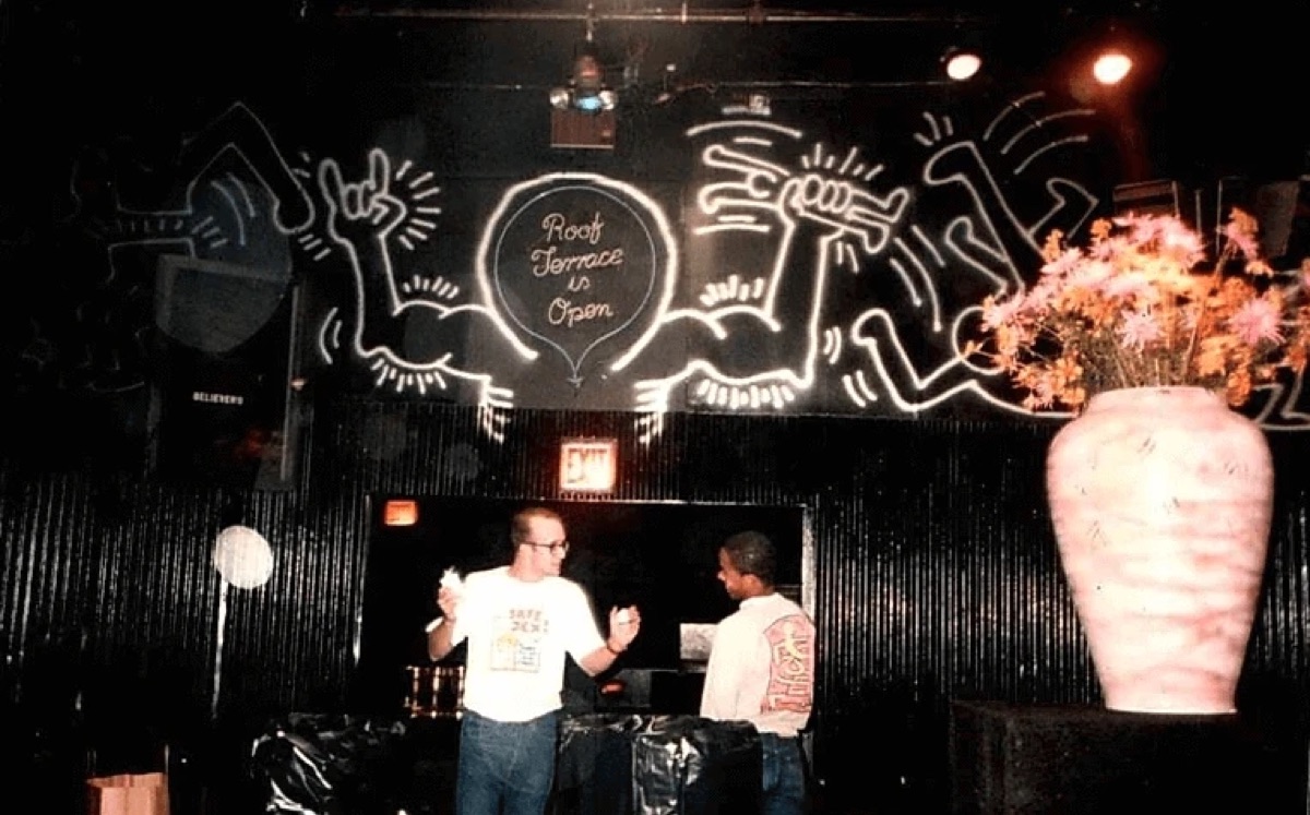 Keith Haring 'Roof Terrace is Open' mural at Paradise Garage.